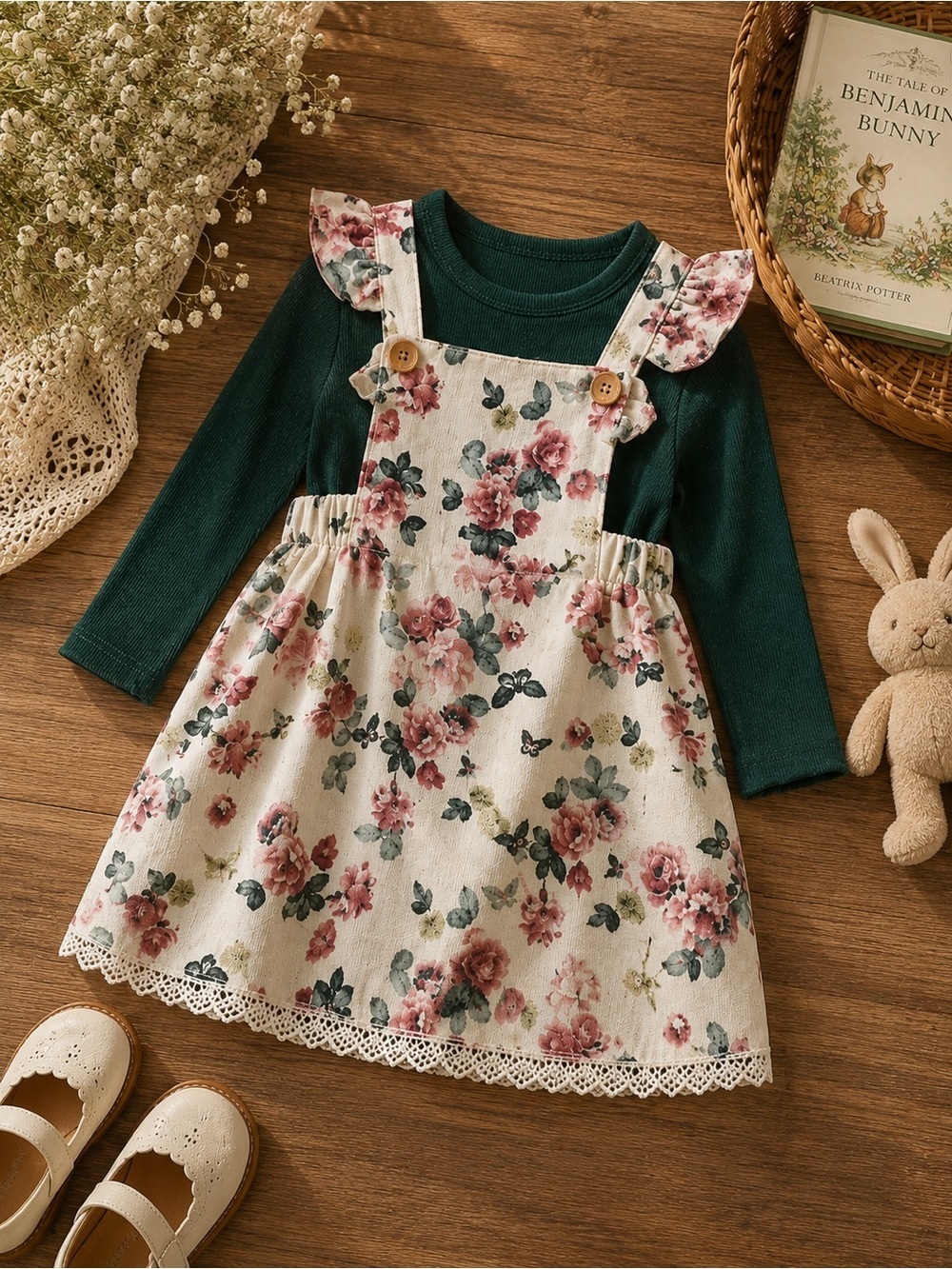 Rare Editions White Floral Pinafore Dress with Green Top